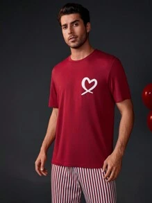 Men's Heart Printed Top And Striped Long Pants Homewear Set - Multicolor - View 4