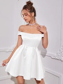 SHEIN Belle Off-Shoulder Flared Hem White Dress - White - View 5