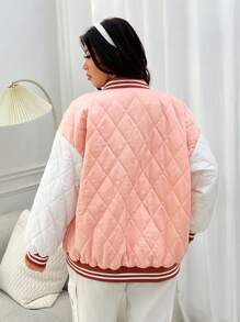 SHEIN EZwear Plus Size Color Block Padded Coat With Letter Embroidery - Pink - View 2