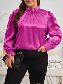 SHEIN Privé 大尺碼女士固色絲綢立領百褶長袖襯衫 - 玫紅色 - 查看 3