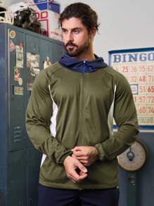 Manfinity Athleisure Boyfriend Style Men's Color Blocking Mesh Hooded Sports Jacket Workout Tops