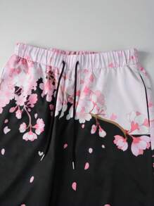 Manfinity LEGND Men's Floral Print Open Front Shirt And Shorts Set , Kimono , Party , Graphic , Husband , Colorful , Japanese Style, Cozy Outfits - Black - View 4