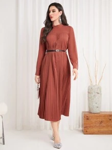 Modelyn 纯色女士立领褶皱连衣裙长款晚礼服 - 紅木色 - 查看 4