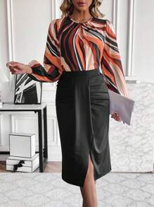 SHEIN Clasi Printed Lantern Sleeve Shirt And Skirt Set