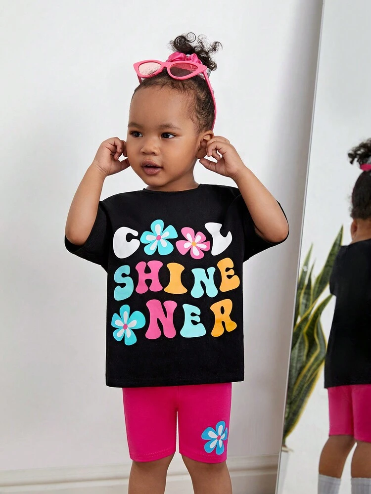 Baby Girl Cute Flower & Letter Print Short Sleeve T-Shirt With Elastic Waistband Shorts Set