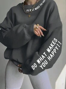 INAWLY 女士标语印花落肩卫衣，七分袖上衣，毕业季、返校季、教师节女装，返校季套头衫，秋季卫衣 - 深灰色 - 查看 3