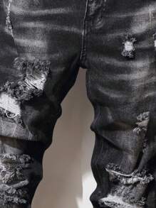 Manfinity Homme Men's Plus Size Water Wash Distressed Slim Fit Long Ripped Frayed Jean Cargo Dark Grey,Autumn Grunge Evening Emo Style Street Wear Vacation Commute - Black - View 5