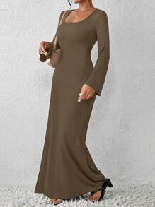 SHEIN LUNE Ladies' Solid Color Back Cross Strap Dress - Chocolate Brown - View 3