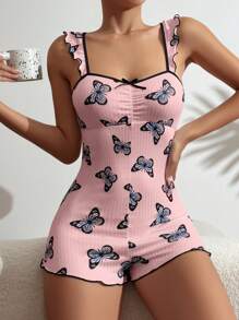 Butterfly Print Women's Pajamas Romper - Pink - View 2