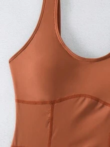 SHEIN Swim 女士纯色连体泳衣，撞色缝线，嘉年华夏季 - 棕色 - 查看 7