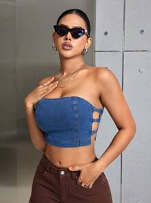 SHEIN SXY 性感空心牛仔無肩帶上衣 - 深色水洗藍 - 查看 5