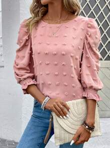 EMERY ROSE Jacquard Blouse With Ruffled Hem,Three Quarter Sleeve Tops