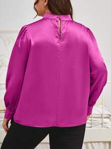 SHEIN Privé 大尺碼女士固色絲綢立領百褶長袖襯衫 - 玫紅色 - 查看 2