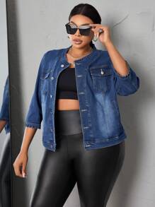 SHEIN SXY Chaquetas De Mezclilla Lavadas De Talla Grande Con Botón Ascendente - Azul lavado medio - Ver 4