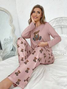 Cartoon Bear Printed Long Sleeve & Pants Pajama Set - Dusty Pink - View 3