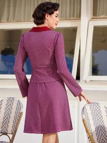 Vintamour Women's Houndstooth Pattern Pleated Long Sleeve Top And Skirt Set - Pink - View 2