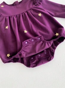 Baby Girl Velvet Bodysuit With Star Embroidery - Purple - View 5