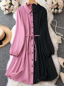 SHEIN LUNE 加大尺寸色塊襯衫裙 - 彩色 - 查看 1