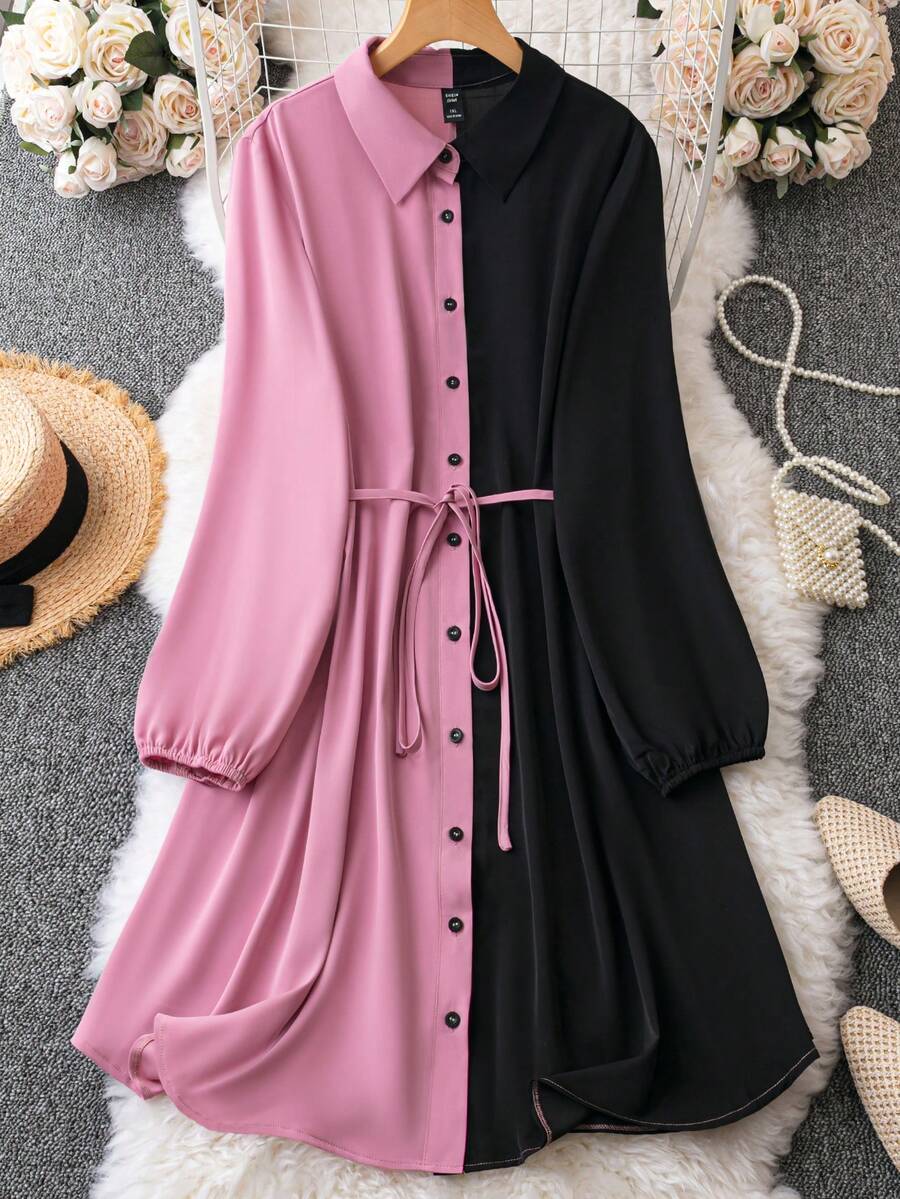 SHEIN LUNE 加大尺寸色塊襯衫裙 - 彩色 - 查看 1