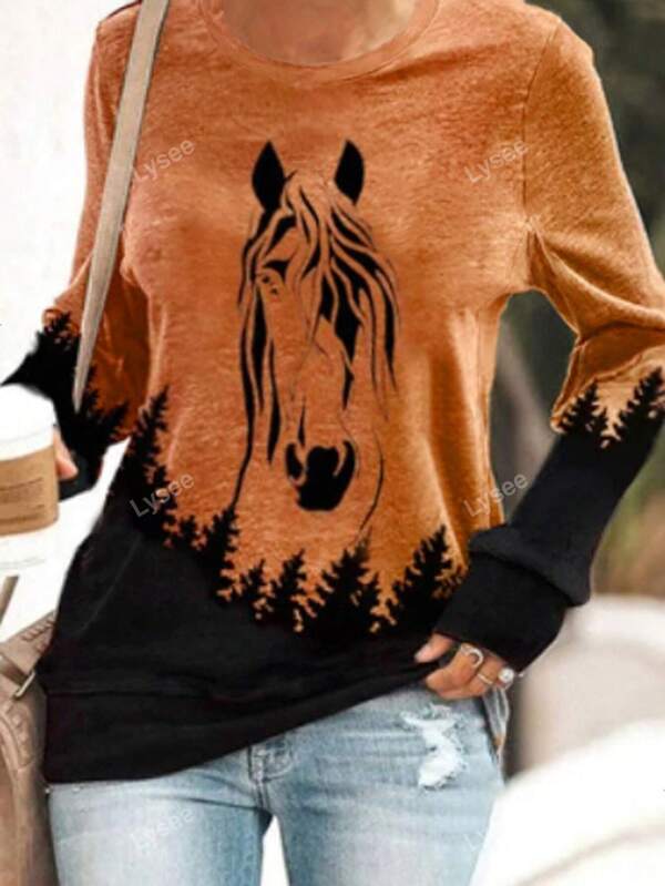 Vintage Western Style Horse Print Casual Personality Round Neck Long Sleeve Top