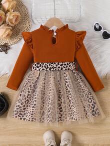 SHEIN 小女孩心型字母印花網布拼接洋裝 - 棕色 - 查看 2