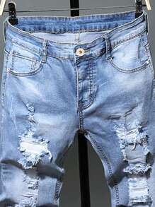 Manfinity Homme Men's Distressed Water Washed Jeans Slim Fit Long Ripped Frayed Jean Cargo Plain Light Blue Going Out Rock And Roll Friends Commute Urban Street Work Going Out - Light Wash - View 3