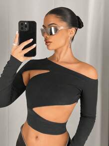 SHEIN ICON Ladies' Asymmetrical Neckline Hollow Out Long Sleeve T-Shirt - Dark Grey - View 3