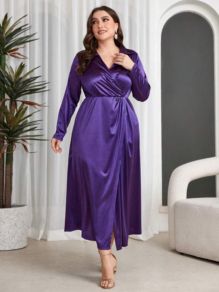 Plus Size Women'S Lapel Collar Long Sleeve Dress Long Evening Dresses Fall Cloth For Women