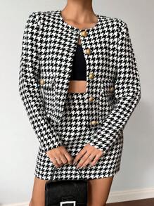 RueChic Damen Hahnentrittmuster Langarm Jacke Und Rock Set - Schwarz und Weiss - Übersicht 1