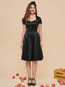 MUXXN Vintage 1950's  Square Collar  Solid Satin Belted Prom Dress - Black - View 3