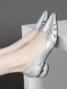 Women's Chunky Heel Pointed Toe Pumps With Floral And Rhinestone Mesh Decor, Mid-Heel,Elegant - Silver - View 3