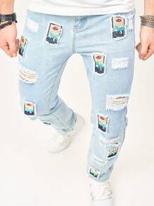 Manfinity Homme Gedruckte Männer Zerrissene Straight Leg Jeans - Blau - Übersicht 7