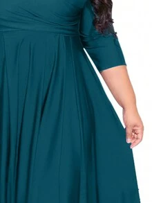 Vestido envolvente largo tipo maxi de unicolor con cuello en V y manga 3/4 para mujeres de talla grande, elegante