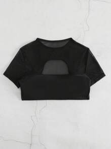 EgrlEra 游泳服比基尼頂部,鑲有鑽石心形和圓形裝飾,並採用中空網狀設計 - 黑色 - 查看 4