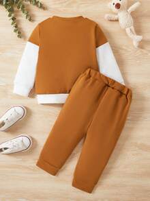 Baby Boy Colorblock Round Neck Long Sleeve Sweatshirt And Pants Outfit - Brown - View 2