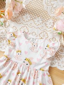 SHEIN Baby Girl Lovely Rabbit & Heart Pattern Short Sleeve A-Line Dress - White - View 3
