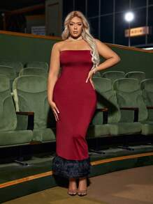 SHEIN SXY Plus Size Colorblock Fuzzy Bustier Dress With Tassel Hem - Burgundy - View 1