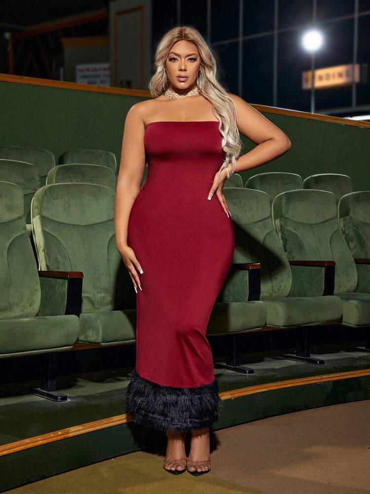 Plus Size Colorblock Fuzzy Bustier Dress With Tassel Hem