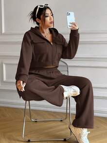 SHEIN EZwear 大尺碼搭配翻蓋連帽運動衫、前拉鍊和運動褲套裝 - 咖啡棕 - 查看 5