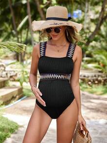 SHEIN 孕妇雪佛龙胶带拼接连体泳衣夏季海滩