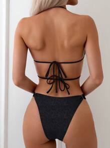 SHEIN Swim Ladies' Bikini Set With Ruched Chest And Halter Neck Summer Beach - Black - View 2