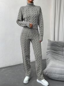SHEIN Essnce 高領針織毛衣和針織長褲套裝 - 深灰色 - 查看 5
