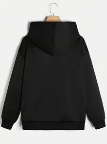 SHEIN EZwear Women's Reflective Smiling Face Printed Hoodie Sweatshirt - Black - View 2