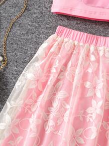 Tween Girls' Casual Vacation Ruffled Crop Top And Floral Mesh Overlay Skirt Set - Pink - View 7
