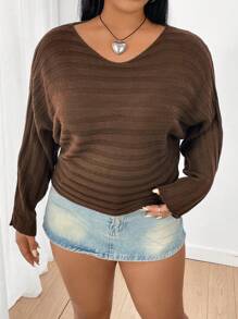 Flirla Plus Size Solid Color Batwing Sleeve Sweater Pullover Knit Pullover Fall Winter - Coffee Brown - View 6
