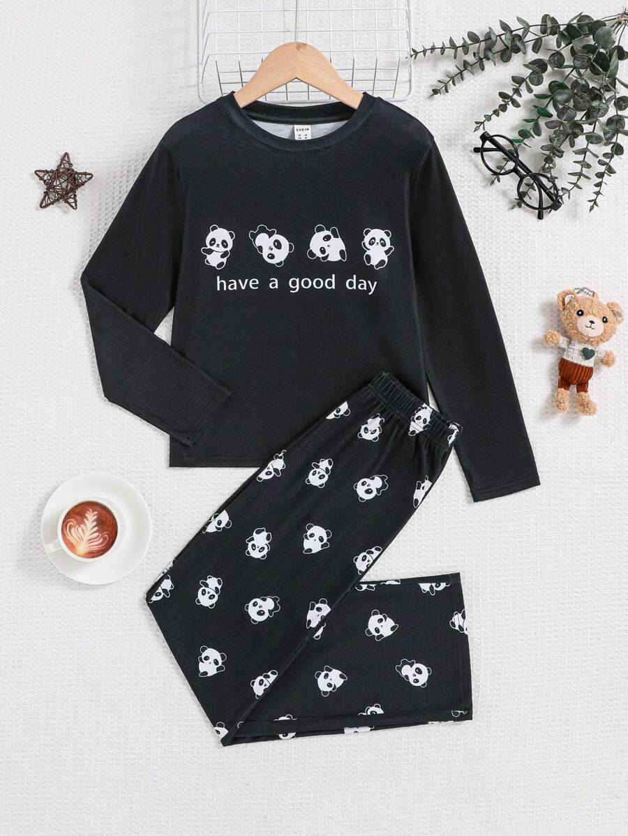 SHEIN Conjunto De Ropa Informal Para Niñas Con Estampado De Fútbol Y Manga Larga - Negro - Ver 1