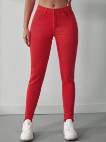 SHEIN Essnce Pantalones Vaqueros De Cintura Media Ajustados Para Mujer - Rojo - Ver 1