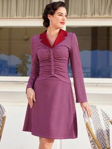 Vintamour Women's Houndstooth Pattern Pleated Long Sleeve Top And Skirt Set - Pink - View 5