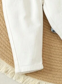 SHEIN Vintaside Kids 2条装女童高腰纸袋扣牛仔裤，时尚秋冬款 - 彩色 - 查看 5