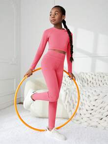 SHEIN Tween女孩中空後背圓領拉格蘭袖t恤和長褲運動套裝 - 玫紅色 - 查看 4